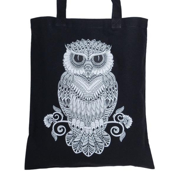 Mosaic Owl Black Cotton Tote - Picture 1 of 2